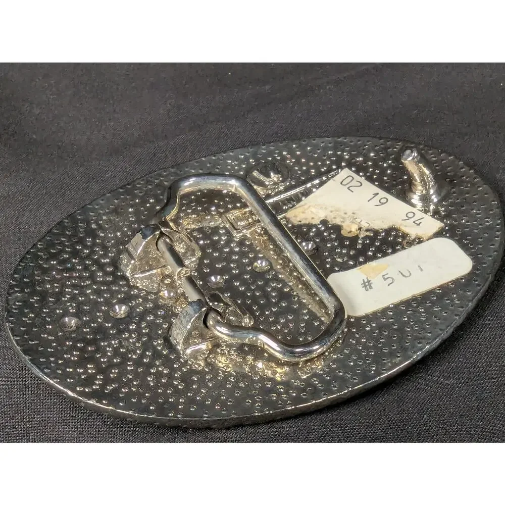 Vintage 1970s Western Belt Buckle Silver Tone Horse Motif Rope Border USA Made